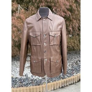 Brunello Cucinelli Leather Jacket Men’s Brown Field Safari Coat Size Medium Y2k